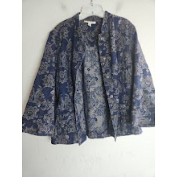 JM Collection Women Dark Blue w/Gold Floral Print Cotton Denim Jacket Blazer 16 - Picture 3 of 9